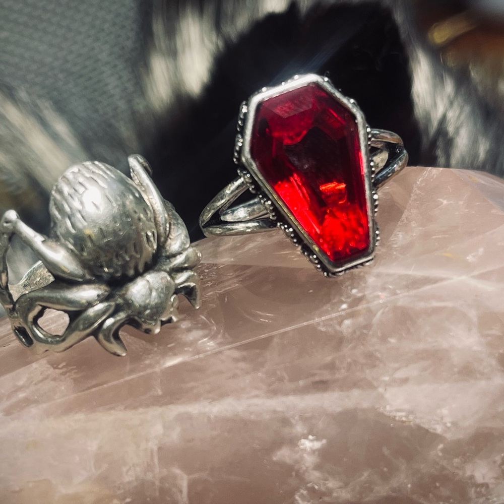 Sterling silver spiderring and Red Coffin Ring Set